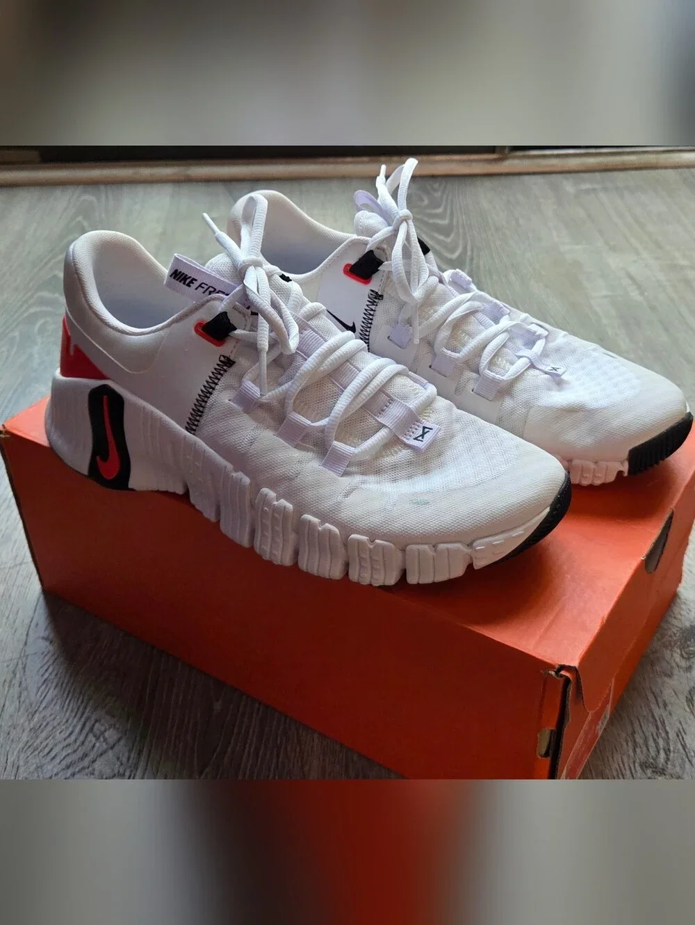 Nike Free Metcon 5 White Athletic Sneakers with Bright Crimson & Black Accent